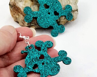 Emerald Sparkle Skull Earrings, Faux Glitter Leather
