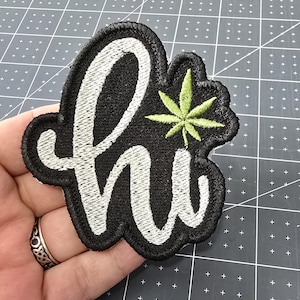 hi! Cannabis Leaf, Iron-On Patch, Botanical, Embroidered Patch