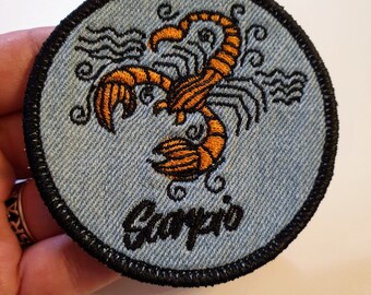 Scorpio Iron-On Patch, on Light Denim, Zodiac Sign, Embroidered Patch