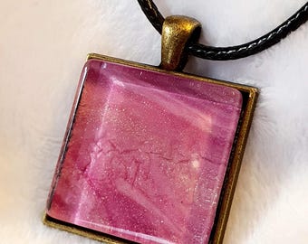 Square Rose Shimmer Pendant, Wearable Art Piece, Antique Brass Setting