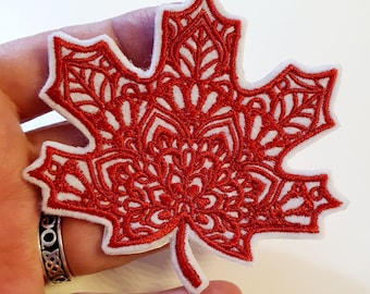 Red Mandala Maple Leaf Iron-On Patch, Canadian Maple Leaf, Embroidered Patch