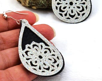 Teardrop Mandala Earrings, Iridescent and Matte Black Faux Leather