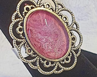Rose Shimmer Ring, Wearable Art Piece, Adjustable, Pink with Gold Shimmer, Antique Silvertone Setting
