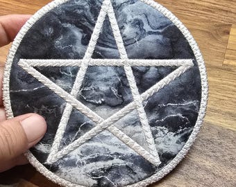 Pentagram Coaster, Mug Rug, Embroidered on Cotton, Wicca, Pagan, Protection, Magic