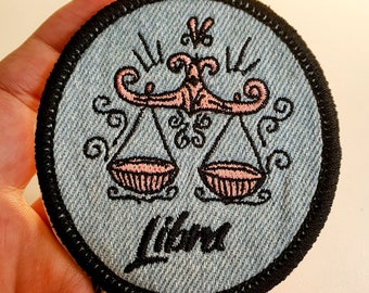 Libra Iron-On Patch, on Light Denim, Zodiac Sign, Embroidered Patch