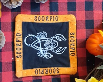 Scorpio Mug Rug, Coffee Cup Coaster, Embroidered Zodiac Design