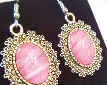 Rose Shimmer Earrings, Wearable Art Piece, Pink with Gold Shimmer, Antique Silvertone Setting