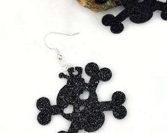 Black Sparkle Skull Earrings, Faux Glitter Leather