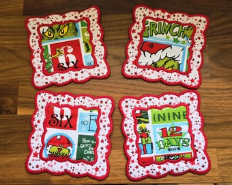 Grinch Christmas Coasters Set of 4 - Embroidered Cotton Fabric Holiday Decor