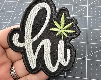 hi! Cannabis Leaf, Iron-On Patch, Botanical, Embroidered Patch