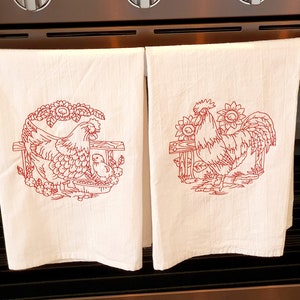 Rooster and Chicken Set of 2 Flour Sac Dish Towels with Embroidered Design, Extra Large Cotton Dish Towels, Redwork Embroidery image 1