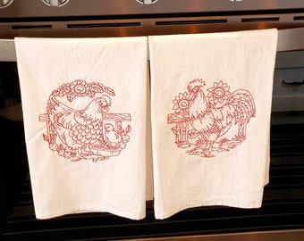 Rooster and Chicken Set of 2 Flour Sac Dish Towels with Embroidered Design, Extra Large Cotton Dish Towels, Redwork Embroidery