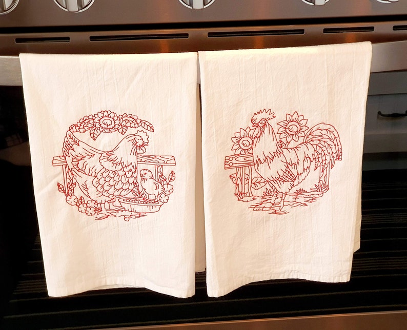 Rooster and Chicken Set of 2 Flour Sac Dish Towels with Embroidered Design, Extra Large Cotton Dish Towels, Redwork Embroidery image 1