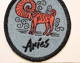 Aries Iron-On Patch, on Light Denim, Zodiac Sign, Embroidered Patch