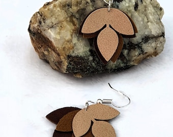 Triple Leaf Earrings, Faux Suede Leather in natural shades of brown