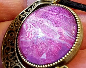 Crescent Moon Rose Purple Lilac Shimmer Pendant, Wearable Art Piece, Spin-able Antique Brass Setting