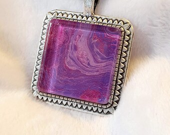 Square Rose Purple Lilac Shimmer Pendant, Wearable Art Piece, Antique Silvertone Setting
