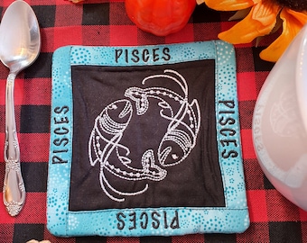 Pisces Mug Rug, Coffee Cup Coaster, Embroidered Zodiac Design