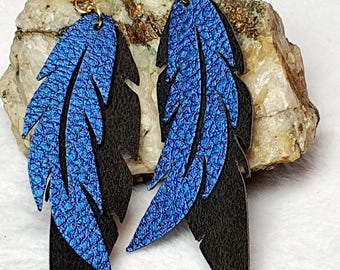 Feather Earrings, Blue Faux Leather with Black Faux Suede
