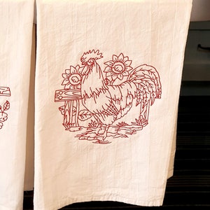 Rooster and Chicken Set of 2 Flour Sac Dish Towels with Embroidered Design, Extra Large Cotton Dish Towels, Redwork Embroidery image 3