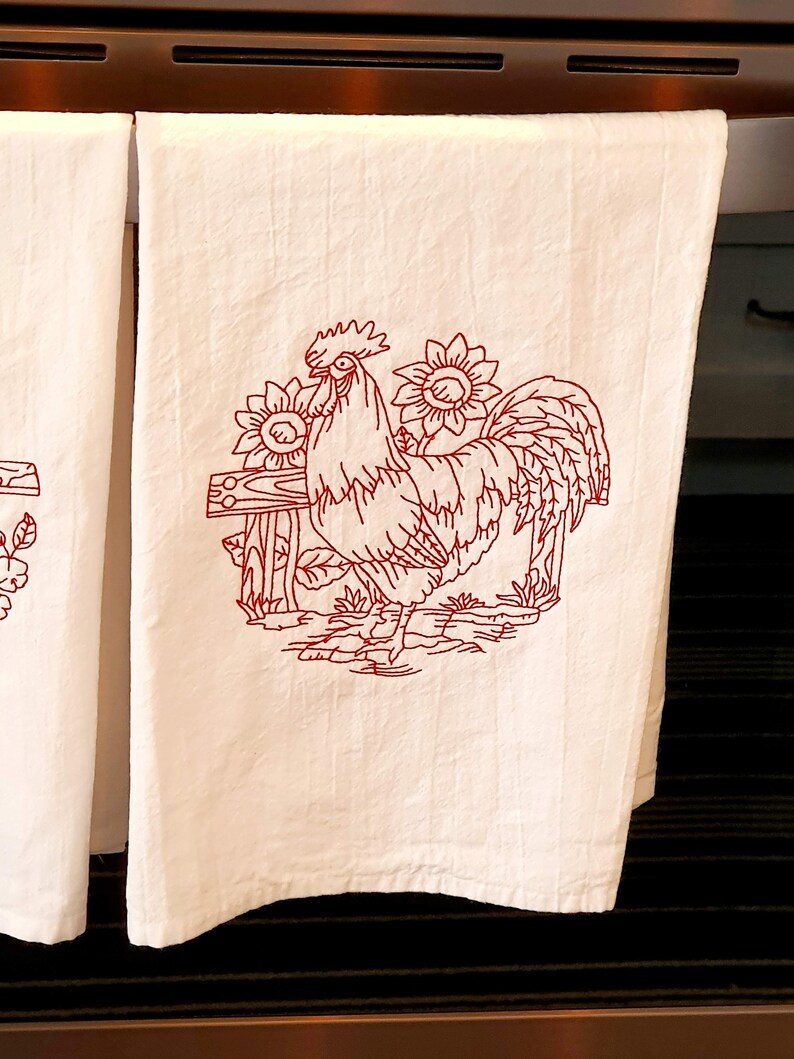 Rooster and Chicken Set of 2 Flour Sac Dish Towels with Embroidered Design, Extra Large Cotton Dish Towels, Redwork Embroidery image 3