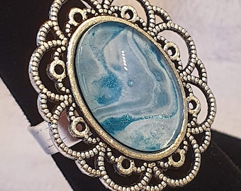 Aqua Teal Shimmer Ring, Wearable Art Piece, Adjustable, Aqua Teal with Shimmer, Antique Silvertone Setting