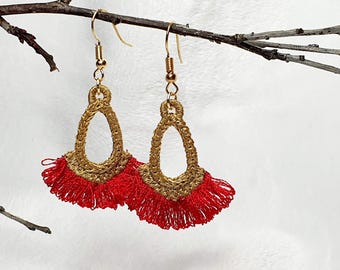Fringe Earrings in Gold and Red, Pierced Earrings, Holiday Earrings, Embroidered