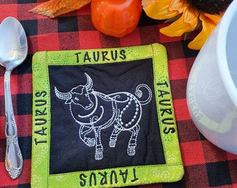 Taurus Mug Rug, Coffee Cup Coaster, Embroidered Zodiac Design
