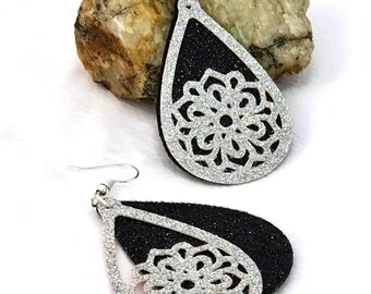 Teardrop Mandala Earrings, Iridescent and Black Glitter Faux Leather