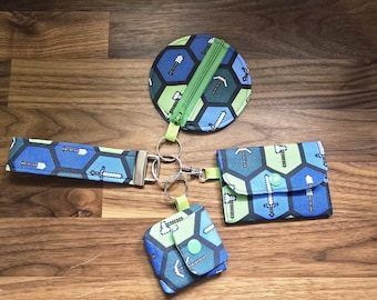 Gamer Gear Bundle - Handmade Minecraft Fabric Key Fob, Card Holder, Earbud Pouch & AirPod Case