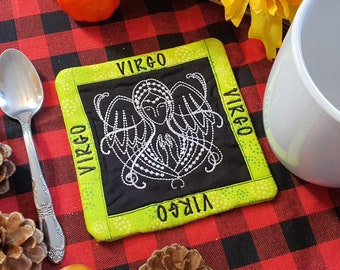 Virgo Mug Rug, Coffee Cup Coaster, Embroidered Zodiac Design