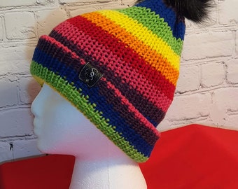 Rainbow Slouchie Beanie Hat, Reversible Tuque, Winter Hat