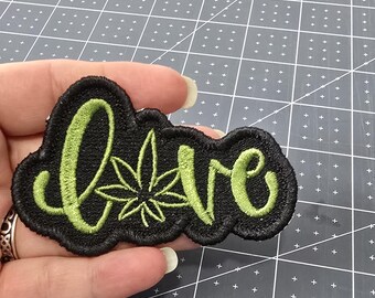 Love Cannabis Leaf, Iron-On Patch, Botanical, Embroidered Patch