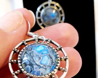 Blue Grey Lilac Shimmer Earrings, Wearable Art Piece, Blue Grey Lilac Shimmer, Antique Silvertone Setting