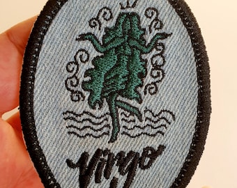 Virgo Iron-On Patch, on Light Denim, Zodiac Sign, Embroidered Patch