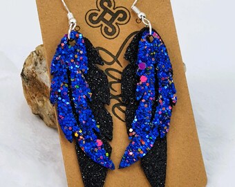 Feather Earrings, Blue Chunky Glitter with Black Glitter Faux Leather