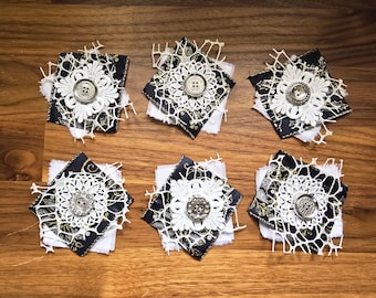 Navy Silver Christmas Fabric Clusters - Set of 6 Handmade Embellishments, Junk Journal Supplies