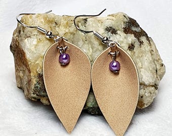 Pinched Teardrop Earrings with faux pearl, Faux Suede Leather in a natural shade