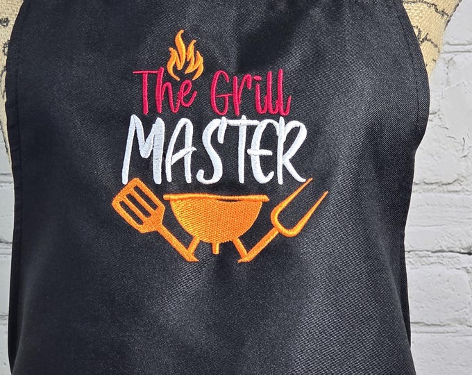 Featured listing image: The Grill Master Black Adult Apron, Embroidered, Fun kitchen, BBQ, Men's, or Women's Apron
