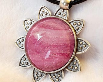 Rose Flower Shimmer Pendant, Wearable Art Piece, Pink with Gold Shimmer