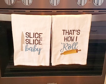 Set of 2 Flour Sac Dish Towels with Embroidered Design, Extra Large Cotton Dish Towels