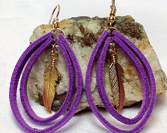 Double Teardrop Earrings in Purple Faux Suede with Goldtone Feather Charm