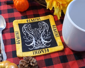 Gemini Mug Rug, Coffee Cup Coaster, Embroidered Zodiac Design