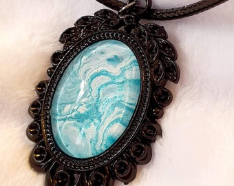 Oval Filigree Frame Teal Aqua Shimmer Pendant, Wearable Art Piece, Black Setting