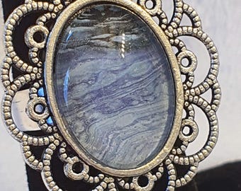 Blue Shimmer Ring, Wearable Art Piece, Adjustable, Blue with Silver Shimmer, Antique Silvertone Setting