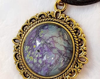 Purple Blue Shimmer Pendant, Wearable Art Piece, Blue Lilac Green with Silver Shimmer