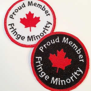 Embroidered Canadian Maple Leaf Patch, Proud Member Fringe Minority Iron-On, Black or White