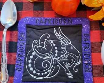 Capricorn Mug Rug, Coffee Cup Coaster, Embroidered Zodiac Design