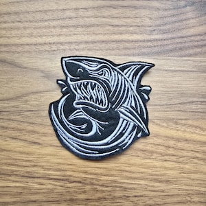 Angry Shark Embroidered Patch | Grey & Black Tactical Style | Iron-On or Sew-On