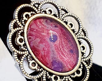 Pink Shimmer Ring, Wearable Art Piece, Adjustable, Pink and Purple with Silver Shimmer, Antique Silvertone Setting